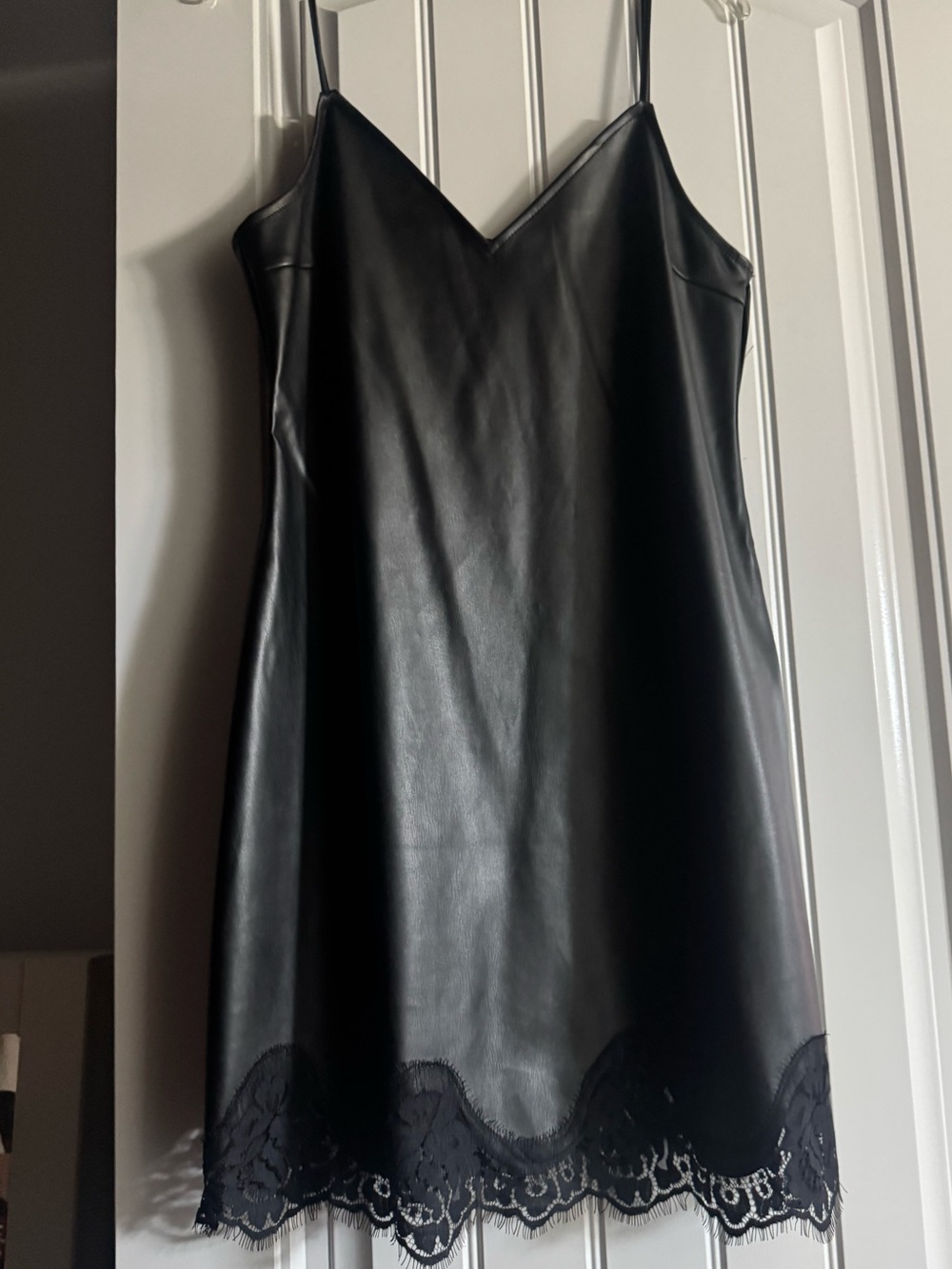 Black Faux Leather Slip Dress with Lace Hem
